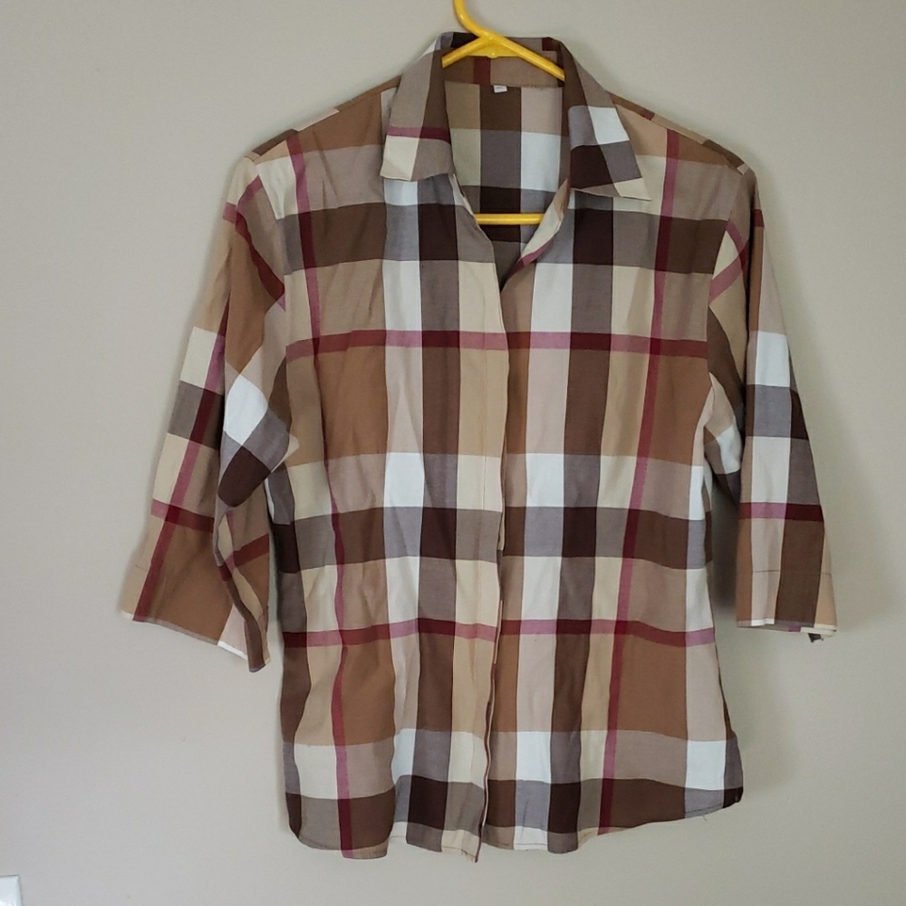 Casual Women Plaid Button-Down blouse - Brown, White, and Tan